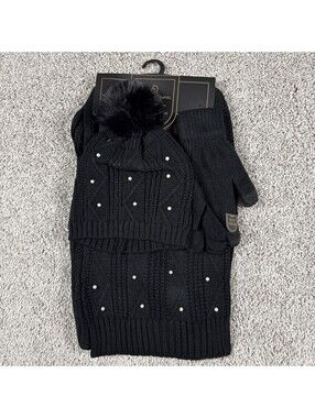 NWT Charlotte Daniel Scarf, Hat, Gloves Set Black With Pearl Accents Women’s